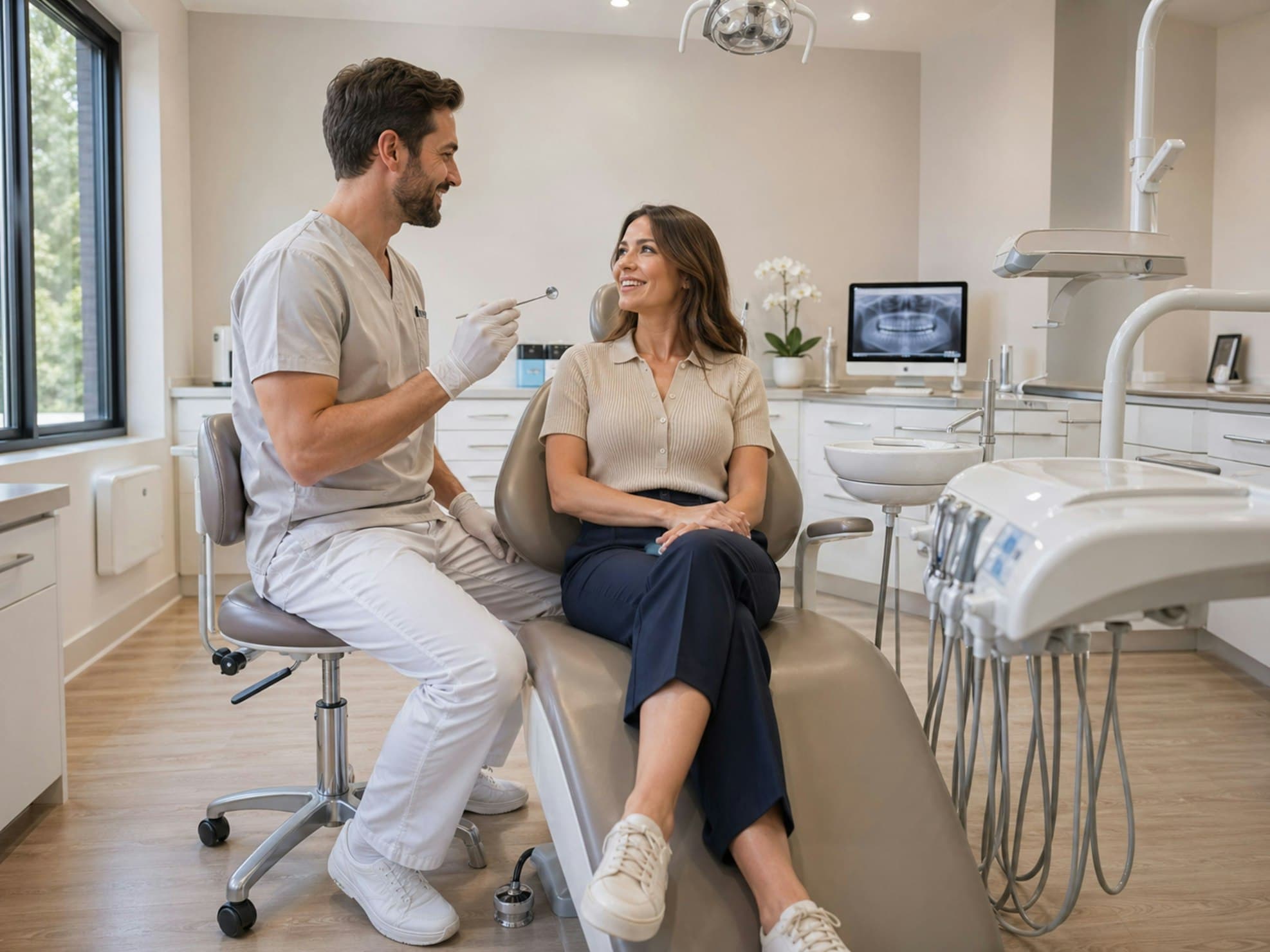 Dentysta siedzi obok pacjentki na fotelu z lusterkiem w dłoni i rozmawia z nią, zamiast pisać na ekranie